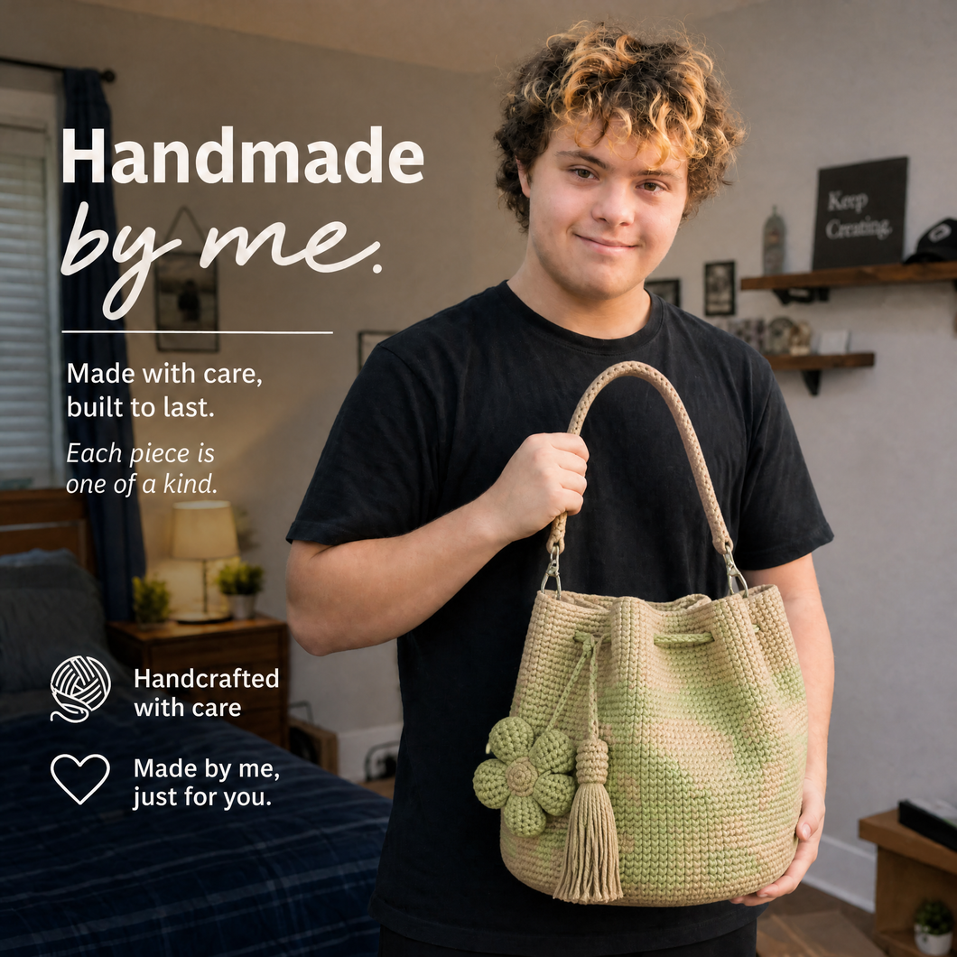 Korin holding her handmade Crochet Flower Bag